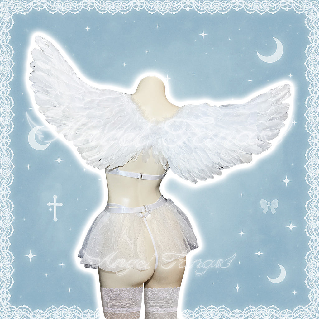 White Angel Desire Sexy Underwear Set – White Lace Set with Rhinestone Skirt, Gartered Stockings & Wings