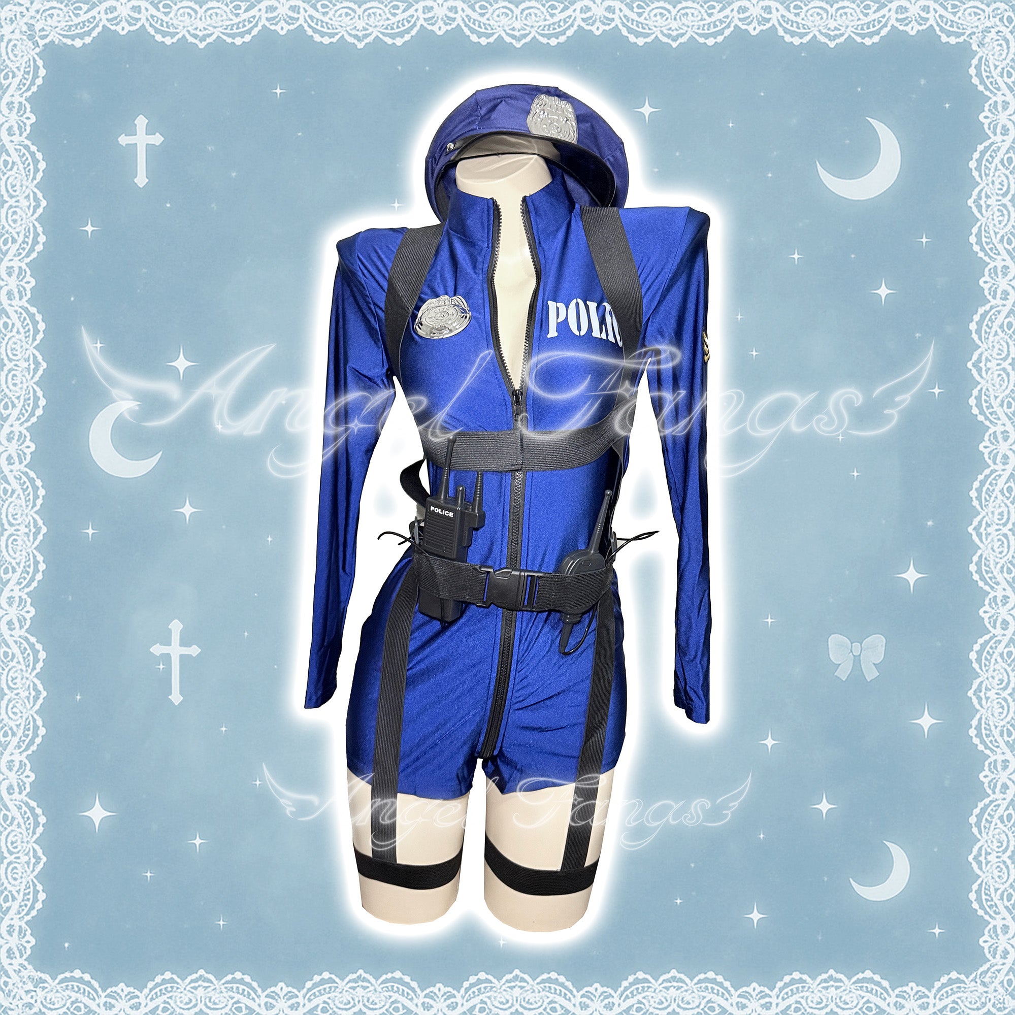 Sexy Blue Cop Cosplay Set– Cobalt Blue Long-Sleeve Mini Police Bodysuit with Badge, Radio, Hat & Black Body Strap with Thigh Rings