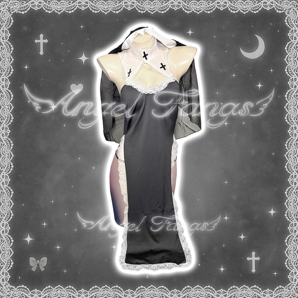 Sinful Sister Sexy Nun Set – Black Halter Slit Gown with Cross, Lace, Veil & Sheer Full-Body Stockings
