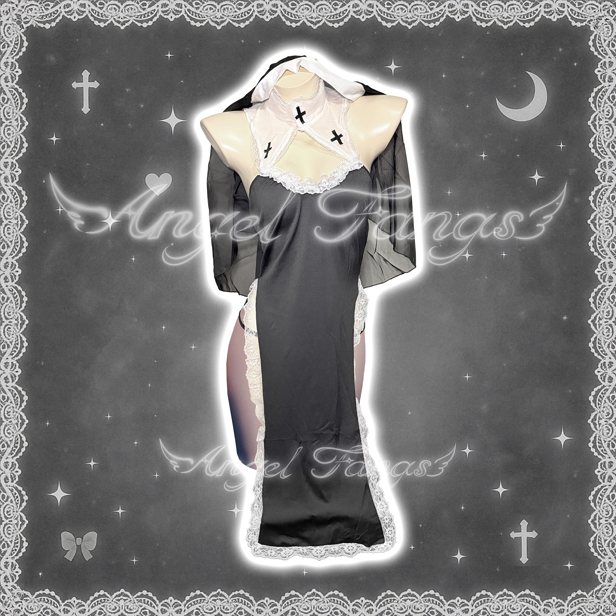 Sinful Sister Sexy Nun Set – Black Halter Slit Gown with Cross, Lace, Veil & Sheer Full-Body Stockings