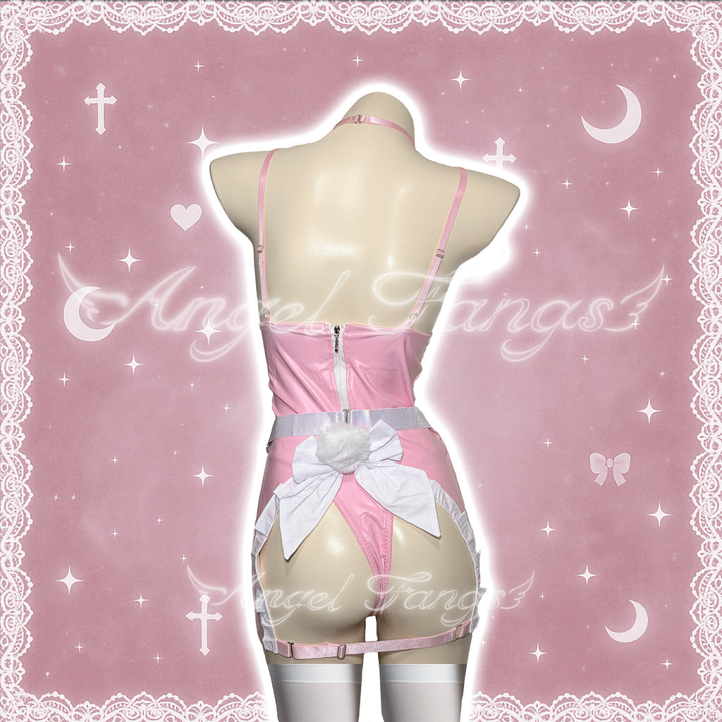 Sweet Pink Bunny Maid – Pink Leather Dress with Apron, Bow Choker, Ears & Lace Stockings