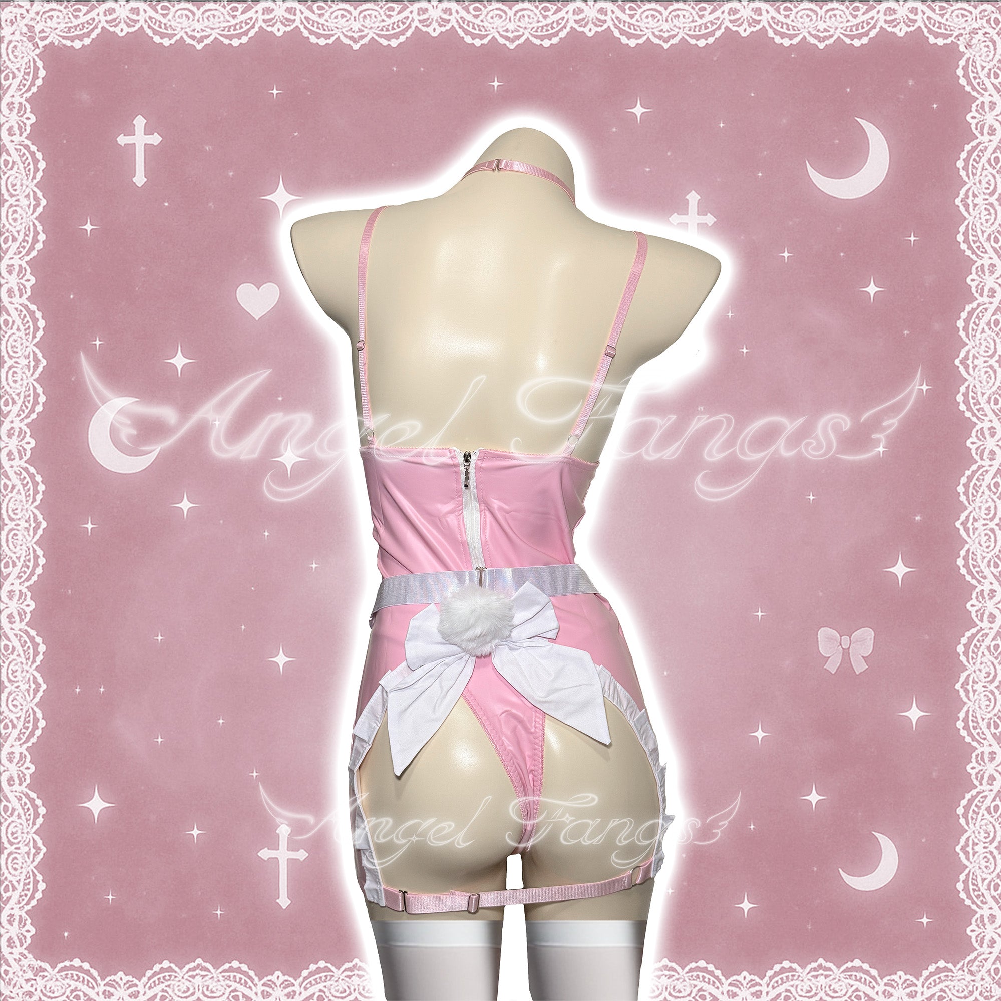 Sweet Pink Bunny Maid – Pink Leather Dress with Apron, Bow Choker, Ears & Lace Stockings