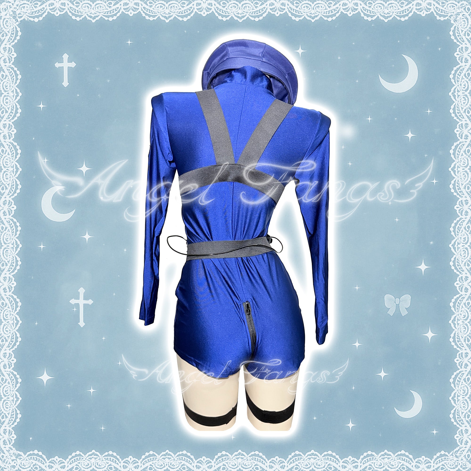Sexy Blue Cop Cosplay Set– Cobalt Blue Long-Sleeve Mini Police Bodysuit with Badge, Radio, Hat & Black Body Strap with Thigh Rings
