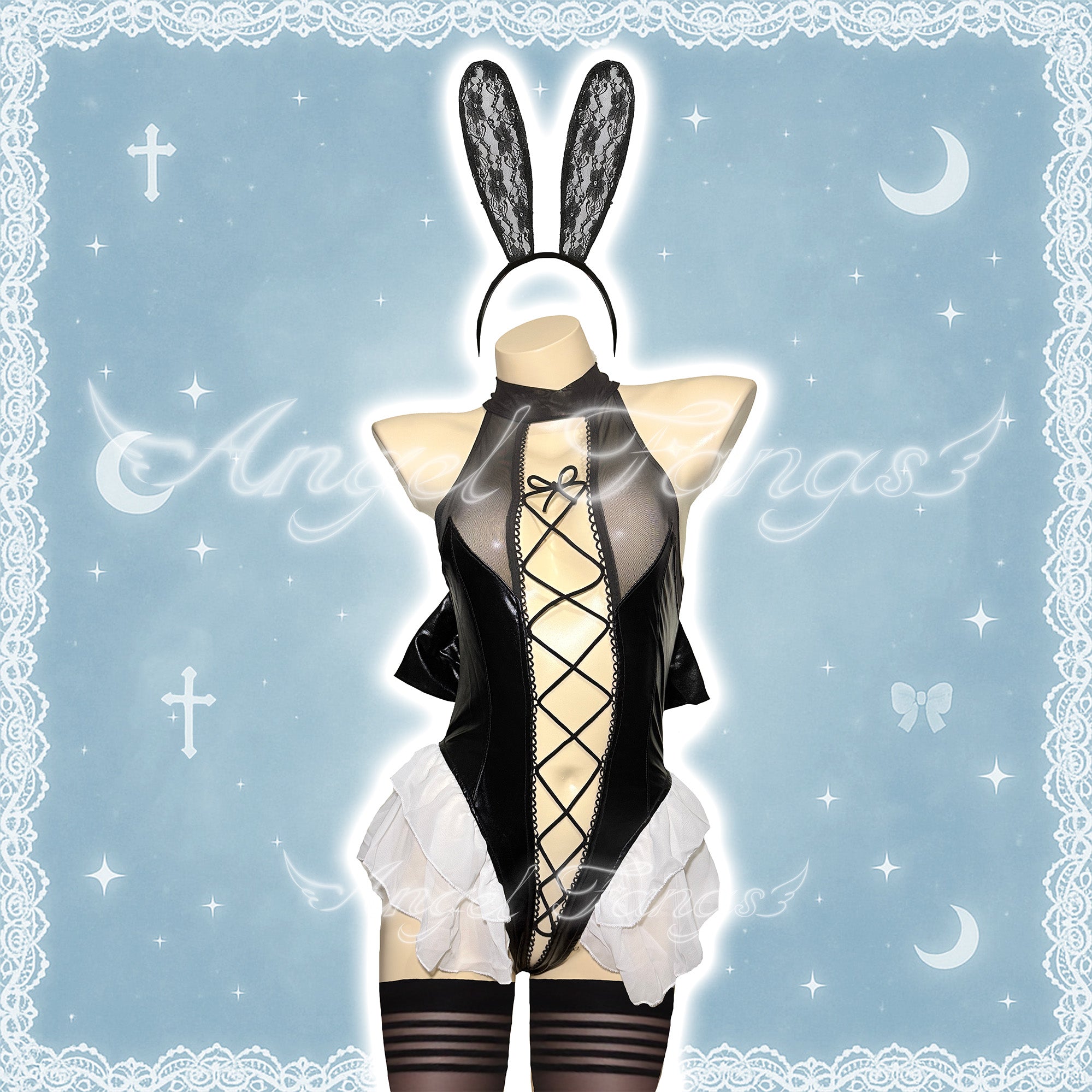 Sexy Leather Bunny Sheer ruffled hem Set – Front Lace-Up & Back Bow with Lace Ears & Thigh-High Stripes