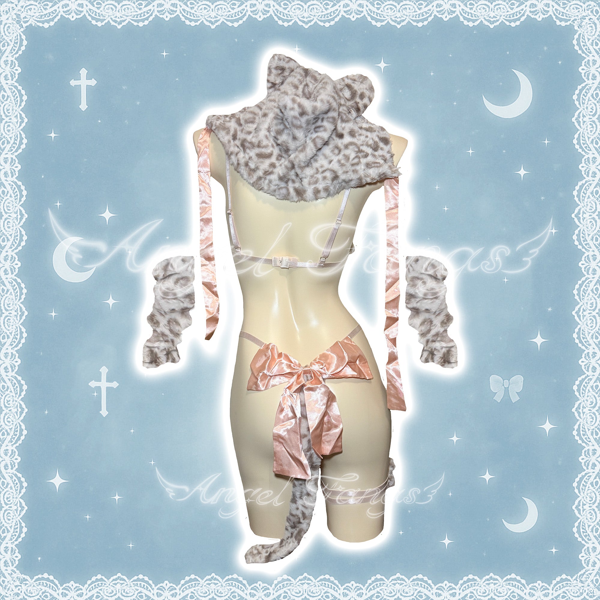 Furry Leopard 3-Piece Cute Lingerie with Cat Ear Hat, Gloves & Leg Bands