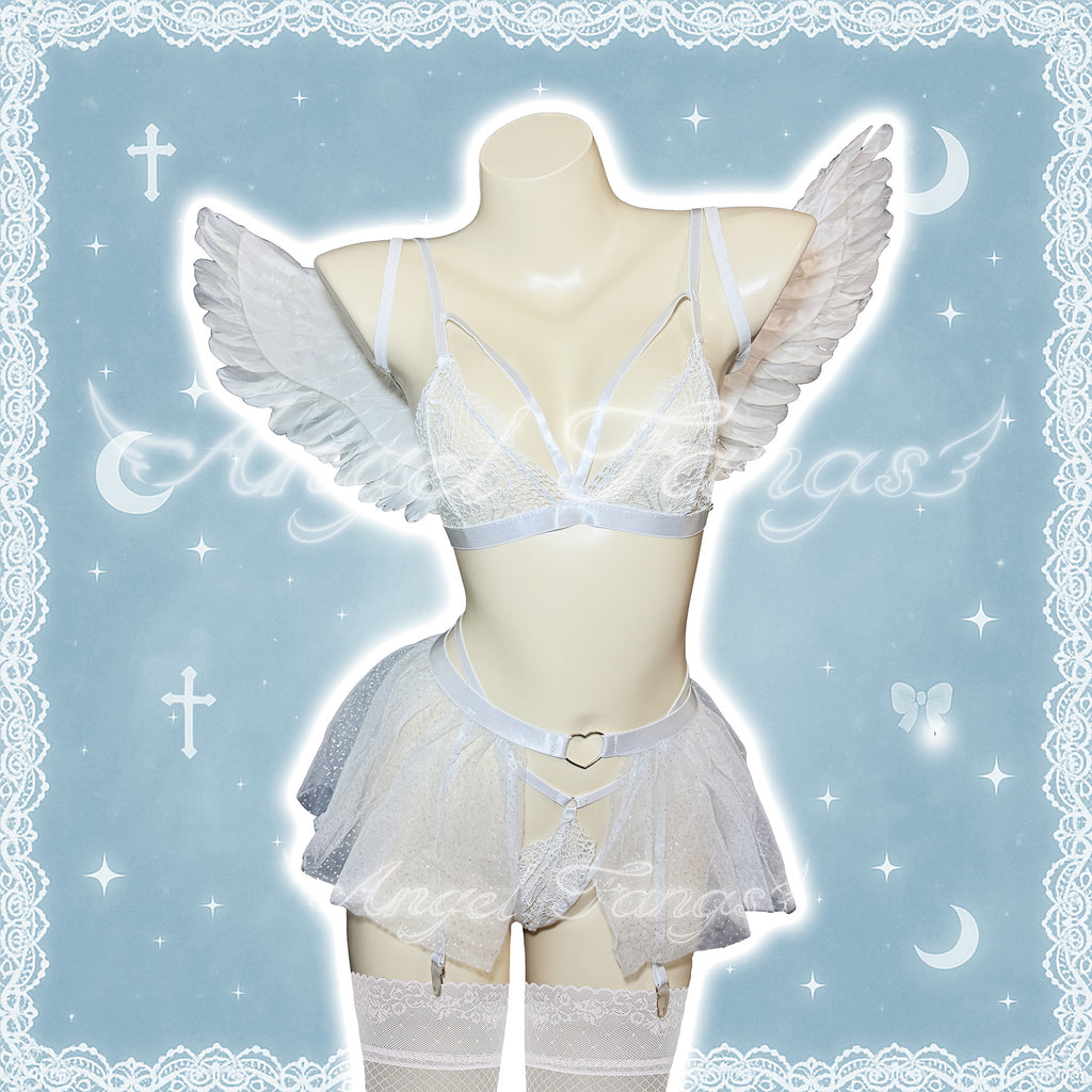White Angel Desire Sexy Underwear Set – White Lace Set with Rhinestone Skirt, Gartered Stockings & Wings