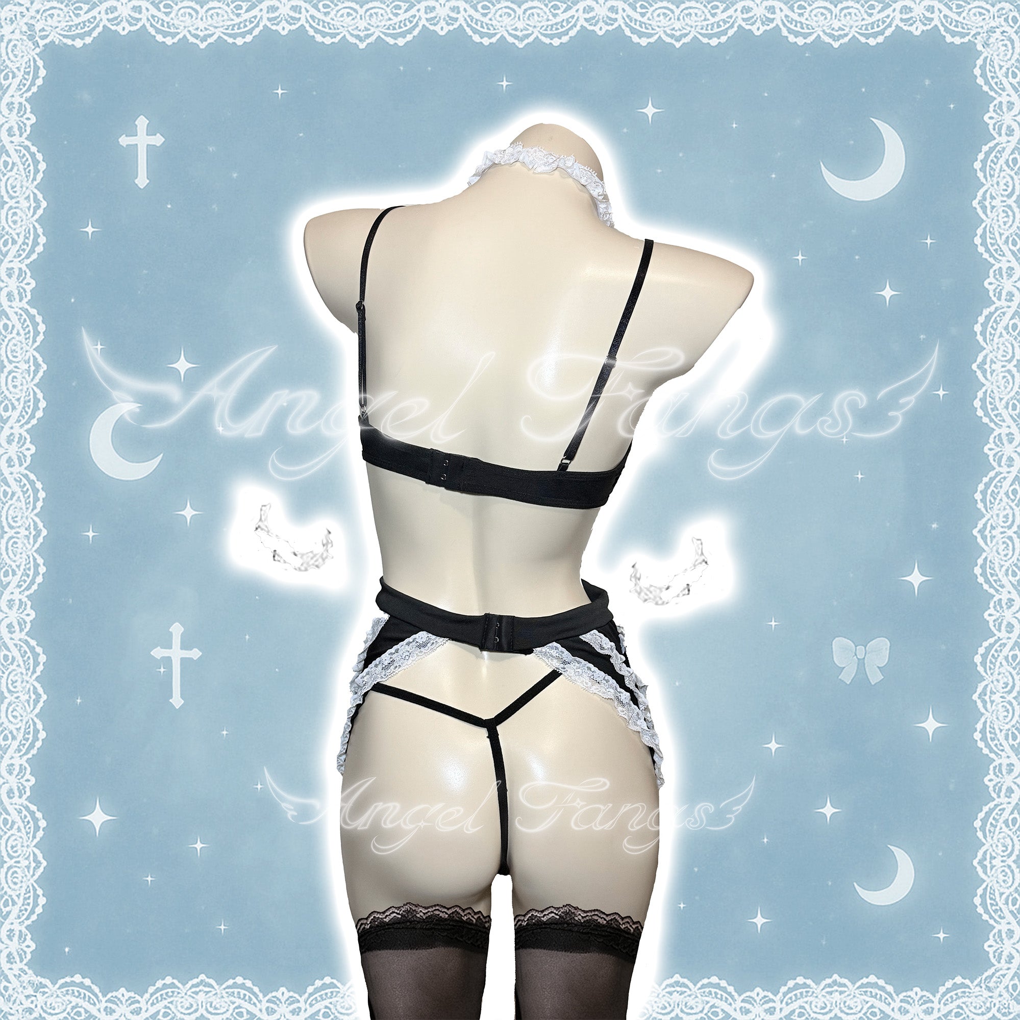 Sweet Bow Maid Set – Black & White Maid Dress with Choker, Wrist Cuffs & Bow Lace Stockings